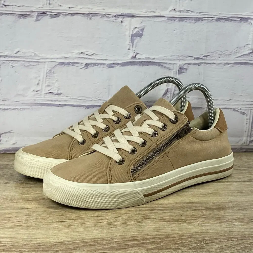 Taos Z-Soul Tan Canvas Sneakers Women's Size 9 Casual Zip Lace Up Shoes